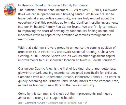 Hollywood Bowl Closing in Portland